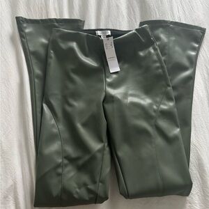 NWT Top Shop Flared Split Hem Green Faux Leather Pants